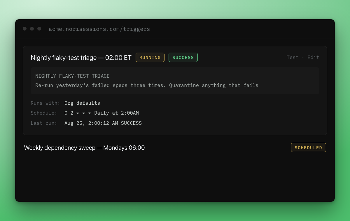 A scheduled Nori trigger with its prompt, cron schedule, and last run